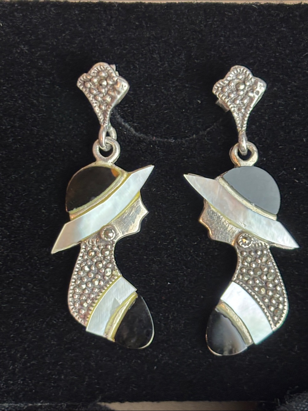 Vintage 20s Style earrings 925 silver inlaid onyx, mother-of-pearl, marcasite